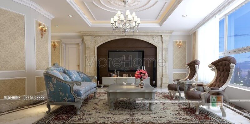 Với những đường cong tinh tế sắc nét, khéo léo mang đến một không gian nội thất phòng khách chung cư mềm mại mà không kém phần độc đáo Ấn tượng với các mẫu thiết kế phòng khách tân cổ điển tiện nghi