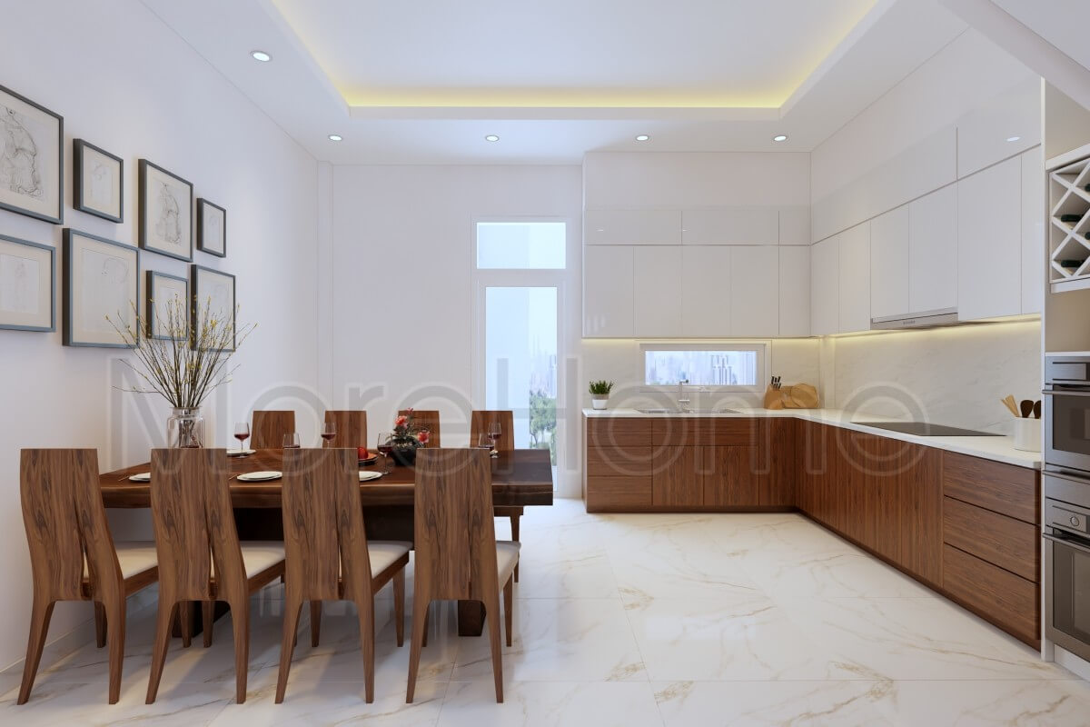 Trang trí nội thất phòng bếp với bộ tranh decor nhỏ giúp bức tường không bị trống và trông thẩm mỹ hơn Thiết kế phòng bếp đẹp và sang trọng