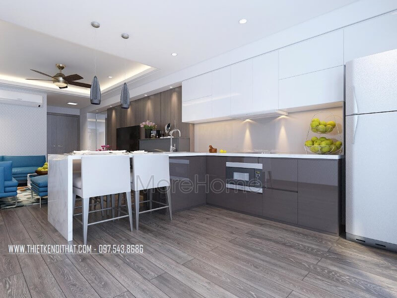 Nội thất phòng bếp hiện đại được thiết kế liền kề với không gian phòng khách giúp cho gia chủ có một không gian dùng bữa thuận tiện và ấm cúng hơn Thiết kế phòng bếp đẹp và sang trọng