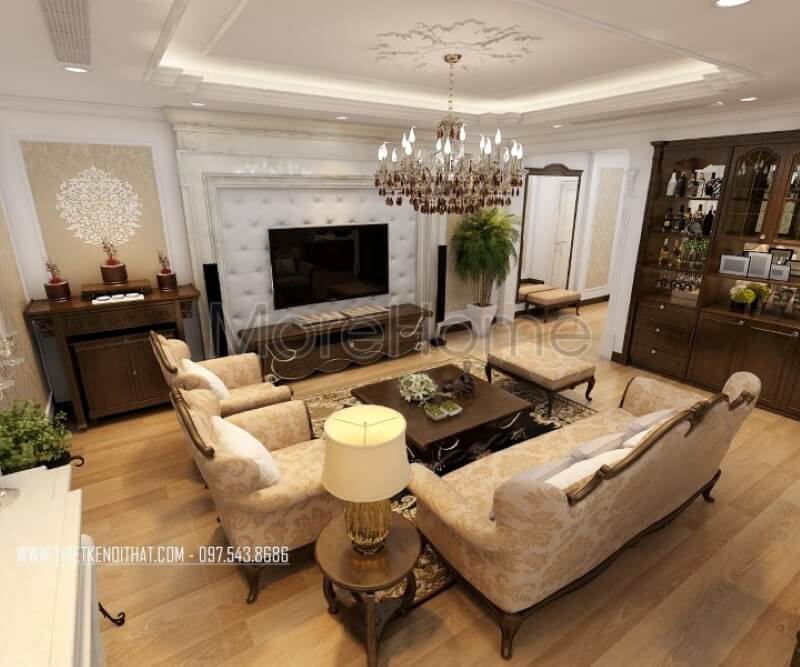 Sự phối hợp hài hòa giữa màu sắc cùng những đường nét tinh tế khéo léo mang đậm đặc trưng của phong cách tân cổ điển, thiết kế nội thất phòng khách chung cư đã mang đến cho gia chủ một không gian sống đẳng cấp và tiện nghi nhất Mẫu nội thất chung cư tân cổ điển