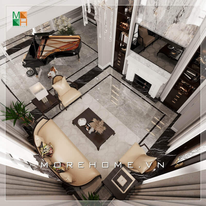 Mẫu thiết kế phòng khách cao cấp, đặt piano ngay trong phòng khách là sự lựa chọn của nhiều gia đình làm tăng thêm vẻ sang trọng cho không gian phòng khách đẹp. Mẫu nội thất chung cư tân cổ điển