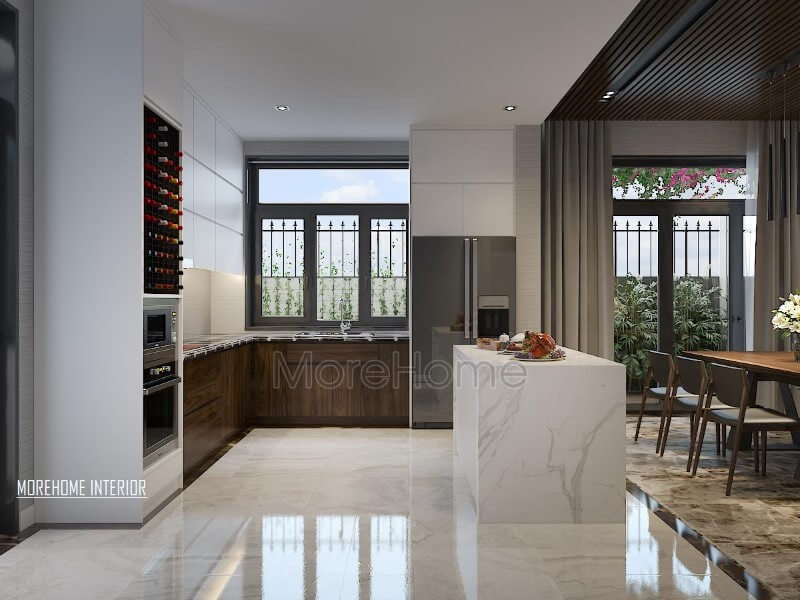 Thiết kế nội thất phòng bếp hiện đại, đẹp, thông thoáng nhưng độc lập phòng ăn bởi cách bố trí khéo léo từ bàn đảo bếp. Mẫu nội thất biệt thự đẹp