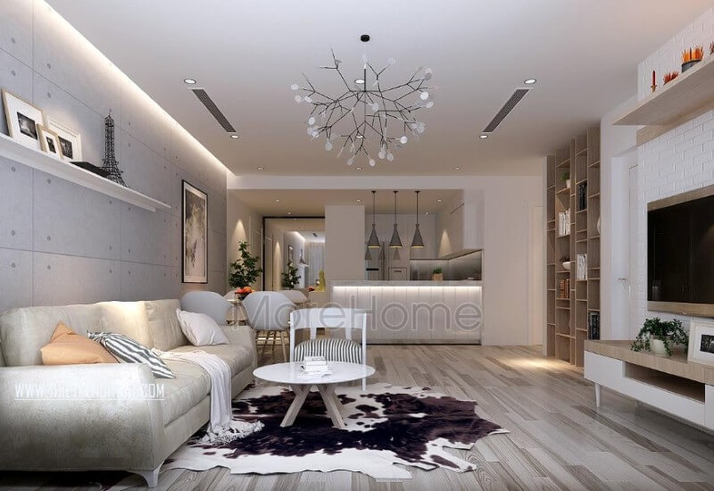 Thiết kế nội thất phòng khách chung cư hiện đại sử dụng tone màu ghi sáng và trắng làm chủ đạo mang đến cảm giác hiện đại, sang trọng và tinh tế Thiết kế phòng khách chung cư