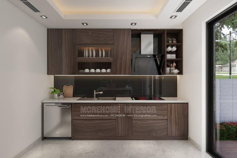 Tủ bếp có máy rửa bát được bố trí khá hợp lý để tạo nên không gian bếp đẹp, hiện đại, khoa học. Thiết kế tủ bếp biệt thự sang trọng
