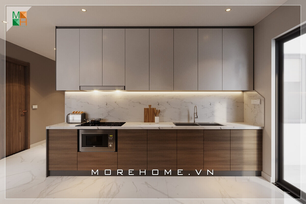 Mẫu thiết kế hệ tủ bếp chữ I bằng gỗ công nghiệp nhiều ngăn, giúp lưu trữ và tìm kiếm đồ thực phẩm một cách dễ dàng khoa học, phù hợp chung cư, nhà phố, biệt thự hiện đại Thiết kế tủ bếp biệt thự sang trọng