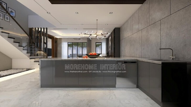 Mẫu bàn đảo bếp độc đáo với bố trí nội thất hiện đại sang trọng từ bộ tủ gỗ công nghiệp acrylic An Cường được phủ bề mặt đá ốp nâu vân chỉ đẹp sang trọng. Thiết kế và sản xuất tủ bếp đẹp