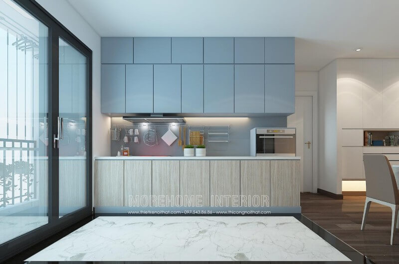 Sử dụng tủ bếp gỗ chữ i với chất liệu gỗ công nghiệp làm cho căn bếp tuy đơn giản nhưng lại trở nên nổi bật, sang trọng Thiết kế và sản xuất tủ bếp đẹp