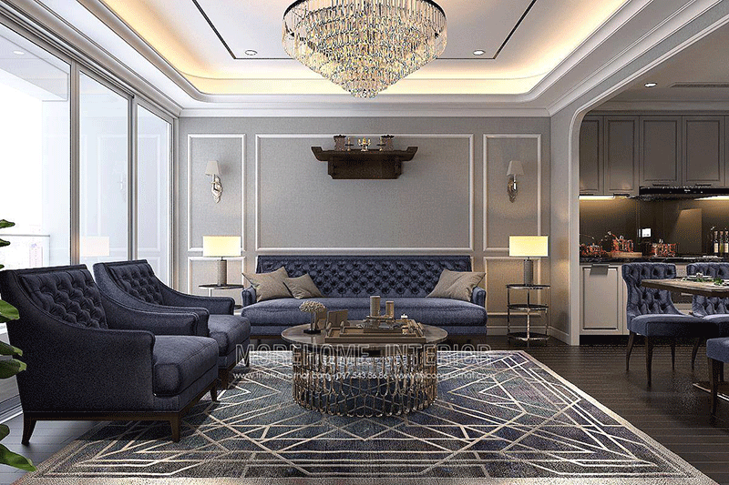 Phòng khách được thiết kế ấn tượng với phong cách tân cổ điển gam màu tím than Thiết kế chung cư