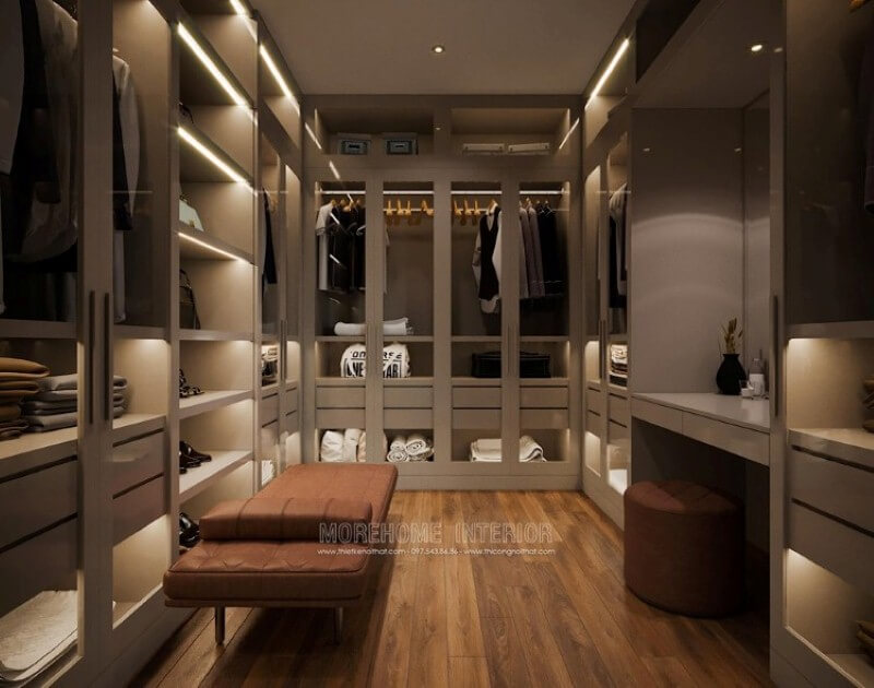 Điểm nhấn phòng thay đồ với tone cam nổi bật từ ghế băng dài Mẫu nội thất biệt thự đẹp