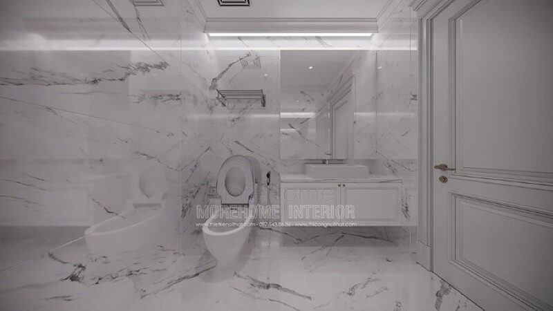 Trang trí phòng vệ sinh nhỏ đẹp ấn tượng với đá lát nền, ốp tường đồng bộ tạo nên sự độc đáo, mới lạ cho không gian. Mẫu nội thất biệt thự đẹp