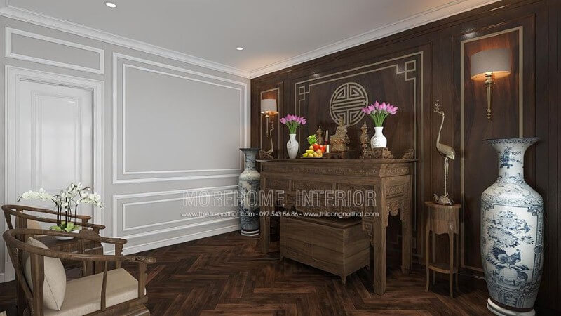 Trang trí nội thất phòng thờ gỗ óc chó đẹp sang trọng ấn tượng từ nội thất gỗ óc chó cao cấp cùng cách kết hợp đồ khéo léo từ tủ thờ, tấm ốp tường chữ Thọ, kệ trang trí, bộ ghế bành đẹp mắt. Mẫu nội thất biệt thự đẹp