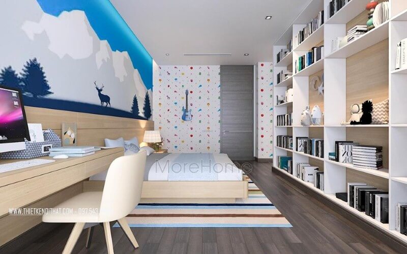 Kệ trang trí phòng ngủ con đẹp, sinh động với thiết kế tủ kệ trang trí nhiều ngăn giúp không gian trở nên thông thoáng, đẹp mắt. Mẫu nội thất biệt thự đẹp