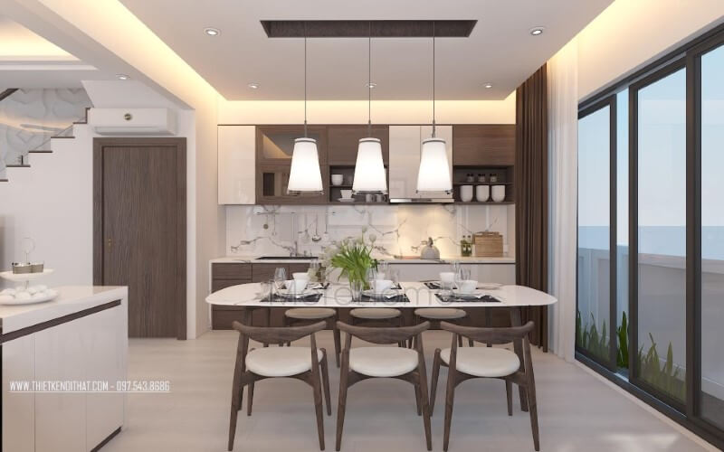 Bộ bàn ghế ghế gỗ óc chó tự nhiên kết hợp tủ bếp hiện đại vân gỗ óc chó tạo nên vẻ đẹp đồng nhất nhưng không kém phần độc đáo trong gian bếp hiện đại. Mẫu nội thất biệt thự đẹp