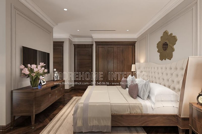 Nội thất phòng ngủ biệt thự cao cấp với chất liệu gỗ óc chó chủ đạo mang lại sự sang trọng cũng như sự đẳng cấp của gia chủ