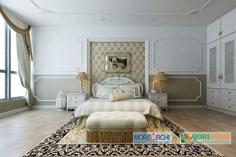Thiết kế nội thất phòng ngủ tân cổ điển với tone màu trắng chủ đạo tạo cảm giác sang trọng và ấm cúng