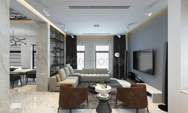 Thiết kế phòng khách nhấn mạnh đến sự tối giản, KTS Morehome sử dụng hầu hết các chi tiết trang trí và các vật dụng hiện đại, không đi sâu vào các chi tiết nhỏ giúp không gian trở nên gọn gàng, tinh tế hơn