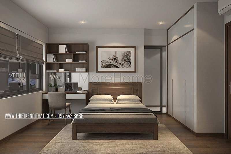 Hệ tủ áo âm tường bằng gỗ Acrylic hiện đại giúp cho không gian phòng ngủ thêm thông thoáng.