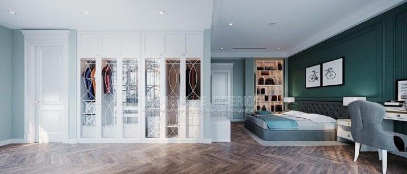 Tủ quần áo sơn trắng âm tường đẹp được sắp xếp âm tường khá độc đáo trong phòng ngủ.