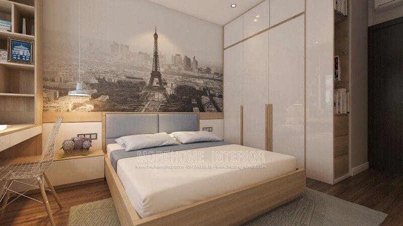 Giường bọc nệm hiện đại, tủ quần áo gỗ công nghiệp tối giản, đèn thả cùng tab đầu giường làm kệ đã tạo nên ý tưởng thiết kế nội thất phòng ngủ đẹp, hiện đại nhưng đầy tiện ghi.