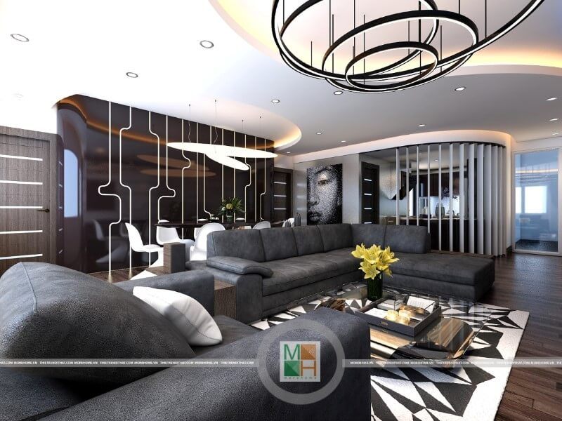 Mẫu thiết kế nội thất phòng khách chung cư hiện đại với đồ nội thất sang trọng: sofa da cao cấp, đèn trang trí, gỗ ốp sàn,...mang đến không gian sống đẳng cấp cho gia chủ