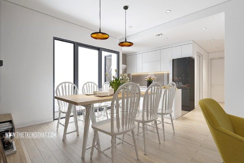 Bộ bàn ghế gỗ công nghiệp màu trắng thiết kế giản đơn, sử dụng các thiết kế thanh ngang không quá cầu kỳ vô thức tăng độ thoáng cho căn phòng