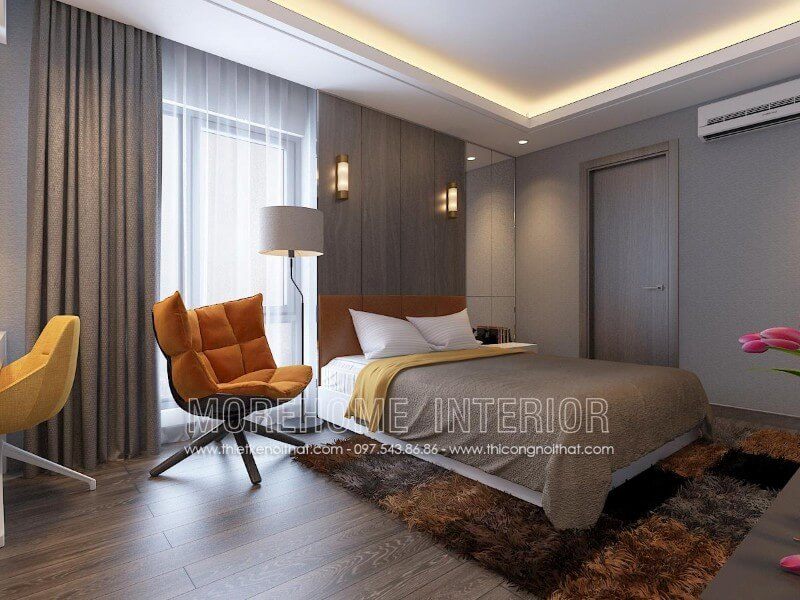 Trang trí nội thất phòng ngủ sang trọng, chiếc giường ngủ chất liệu gỗ công nghiệp được coi như là điểm nhấn của cả khu vực căn phòng