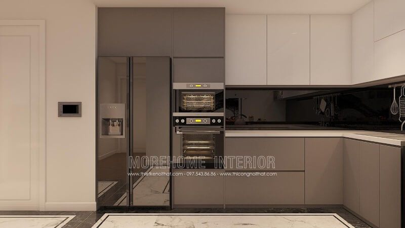 Tủ bếp Acrylic bóng gương với 2 gam màu đối lập xám - trắng ấn tượng không bao giờ bị lỗi mốt