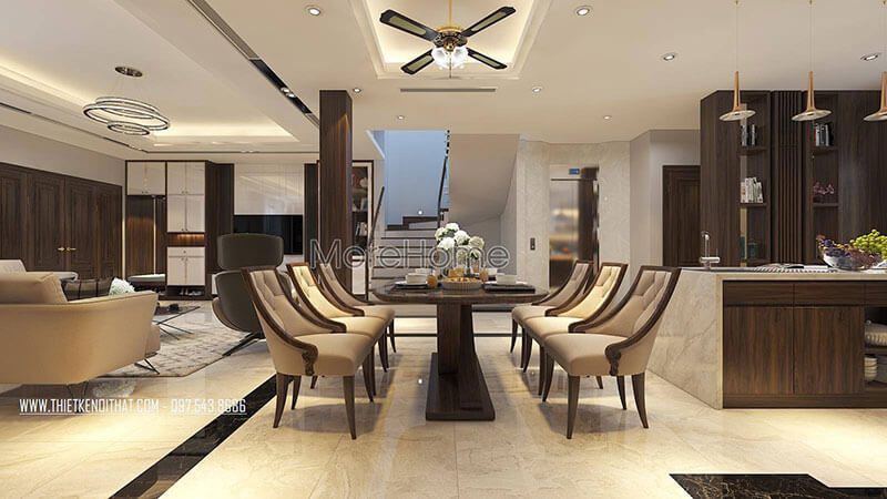 Mẫu bàn ăn gỗ tự nhiên tân cổ điển với thiết kế ghế khung gỗ bọc vải cao cấp