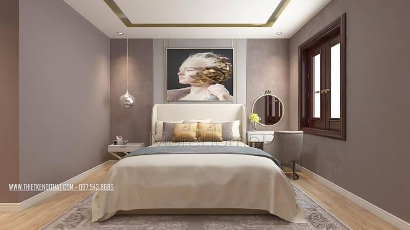 Chiếc giường ngủ tân cổ điển thiết kế đơn giản, đẹp mắt kết hợp mẫu bàn trang điểm nhỏ góc đầu giường giúp cho bạn có được sự riêng tư trong không gian phòng ngủ của mình