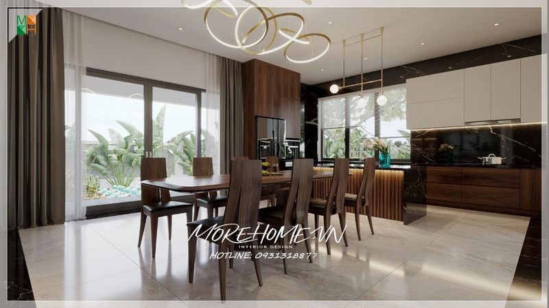 Đảo bếp mặt đá đen vân mây tô điểm trang trí cho không gian, thích hợp sử dụng chi mục đích của người nội trợ