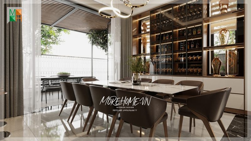 Bộ bàn ghế ăn mang kiểu dáng thiết kế đơn giản nhưng lại đóng vai trò là điểm nhấn giúp không gian căn phòng trở nên tiện nghi.