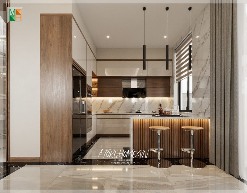 Đá lát sàn sáng bóng tạo cảm giác thoáng mát, sạch sẽ khi bước chân vào không gian căn phòng.