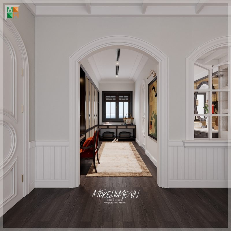 Với phòng ngủ có diện tích rộng như phòng ngủ master, khu thay đồ thường sẽ được bố trí ở một khu vực riêng biệt