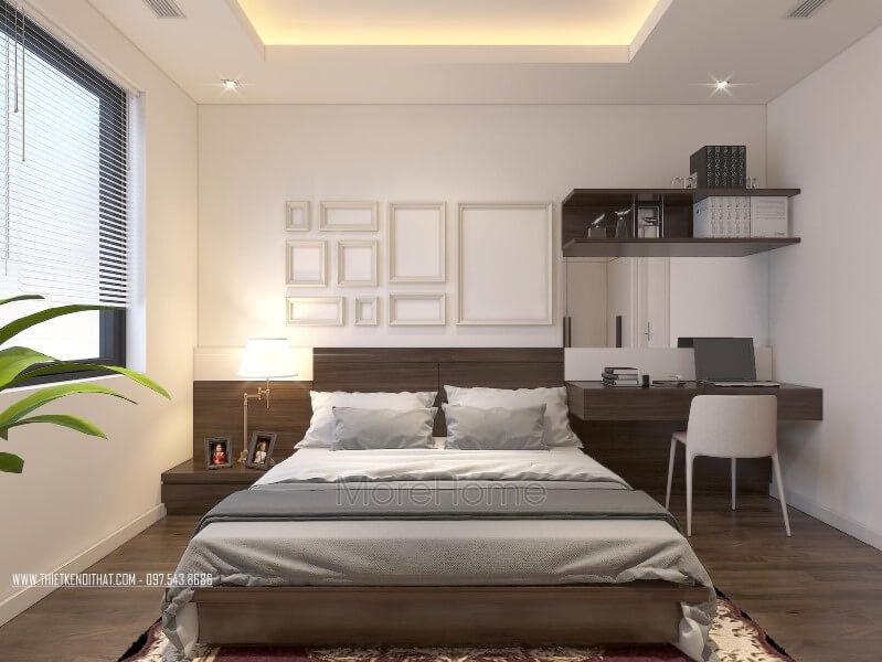 Mẫu sàn gỗ phòng ngủ với tông màu nâu hài hòa với tông màu nội thất sang trọng, tinh tế