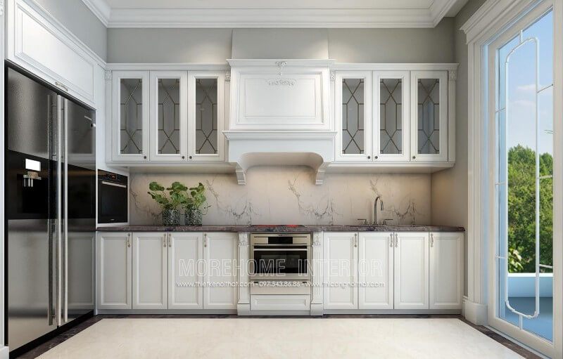 Tủ bếp âm tường kiểu dáng chữ i với chất liệu gỗ sồi phun sơn trắng bệt Alkana cao cấp sẽ giúp căn bếp chung cư trở nên sang trọng hơn và thông thoáng hơn.