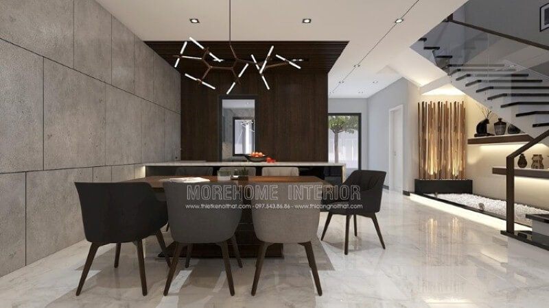 Không gian rộng như nhà phố, biệt thự cần phải được trang trí hiện đại và độc đáo bằng cách kết hợp ý tưởng trang trí mở phòng ăn liền kề phòng khách và phòng bếp.