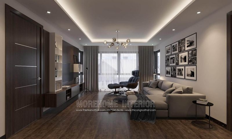 Cửa gỗ phòng khách được trang bị nẹp inox sáng màu theo bề ngang cửa MH11, tạo nên một cánh cửa đẹp mắt.