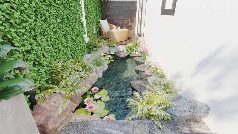 Morehome giới thiệu ý tưởng thiết kế tiểu cảnh sân vườn bên hông nhà biệt thự, nhà phố với diện tích nhỏ để bạn có thể ngồi thư giãn và có mặt hồ nước trước mặt. Để có thể đi trên mặt hồ dễ dàng, Morehome đã thiết kế sử dụng các phiến đá chìa ra bên cạnh nhà.
