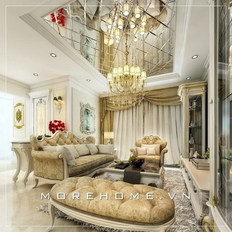 Mẫu thiết kế phòng khách biệt thự mang lại ấn tượng với phong cách tân cổ điển đẹp, đẳng cấp và sự sang trọng.